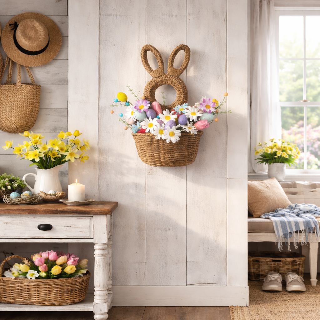 Bunny Basket Hanging Wall Pocket Spring Decor