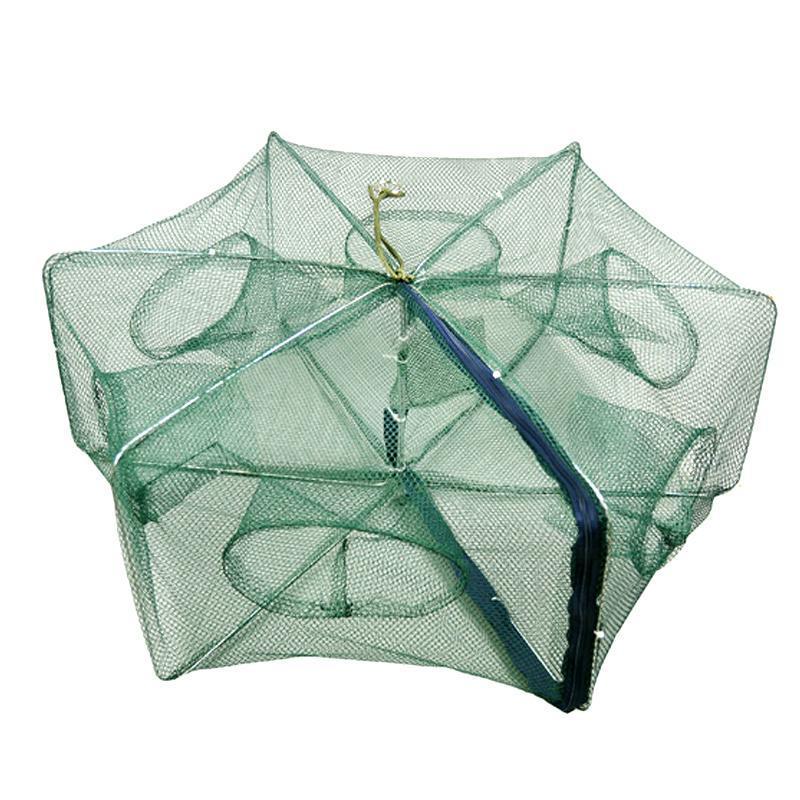 Opened green foldable fishing trap with mesh funnel entrances and a dark zipper